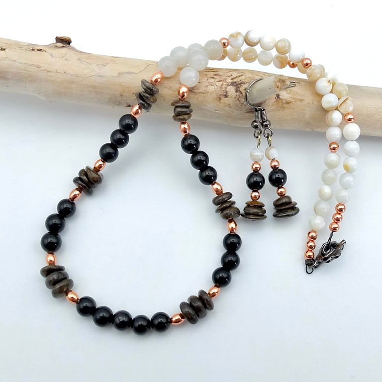 Obsidian, Bronzite, Jade & Shell Necklace & Earring Set - Summer Seconds Sale