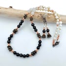 Obsidian, Bronzite, Jade & Shell Necklace & Earring Set - Summer Seconds Sale
