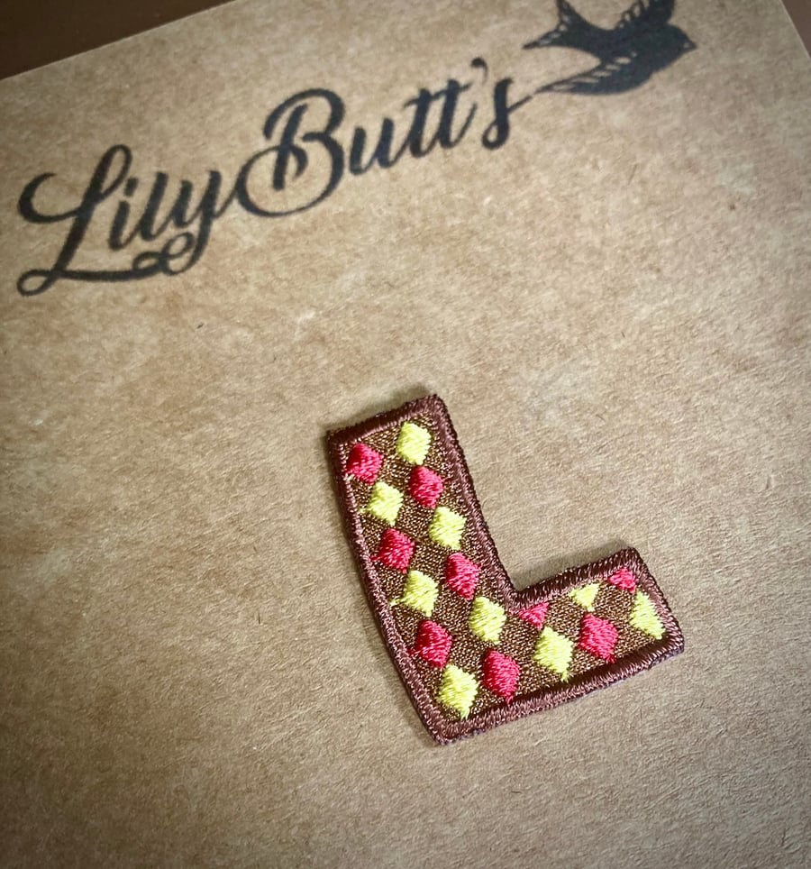 Embroidered Iron on Patch - Letter L 2.5 cm x 3.5 cm Brown