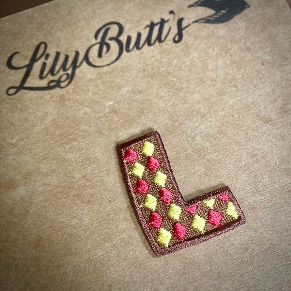 Embroidered Iron on Patch - Letter L 2.5 cm x 3.5 cm Brown