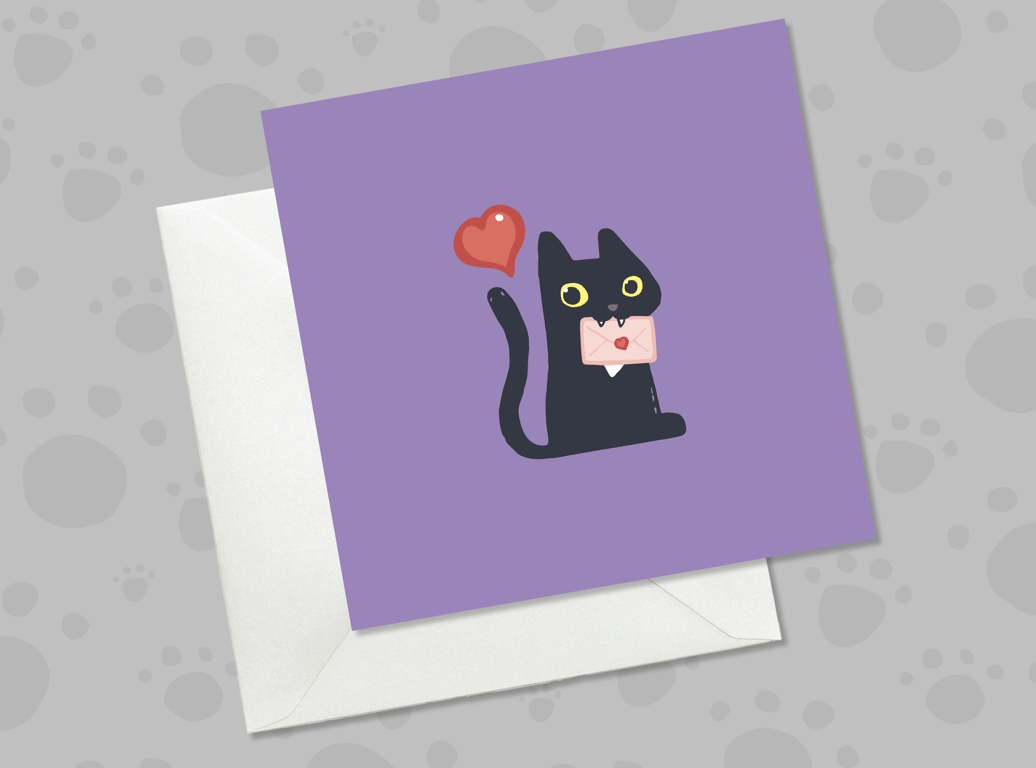 Black Cat Valentine’s Day Card – Cute Purple Love Card with Cat Holding Envelope
