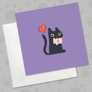 Black Cat Valentine’s Day Card – Cute Purple Love Card with Cat Holding Envelope