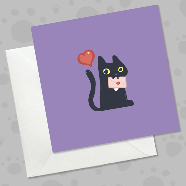 Black Cat Valentine’s Day Card – Cute Purple Love Card with Cat Holding Envelope