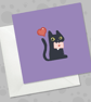 Black Cat Valentine’s Day Card – Cute Purple Love Card with Cat Holding Envelope