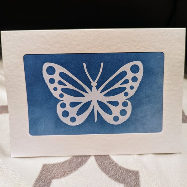 Butterfly Cyanotype Print Card Blue White Framed Hammered Effect Small