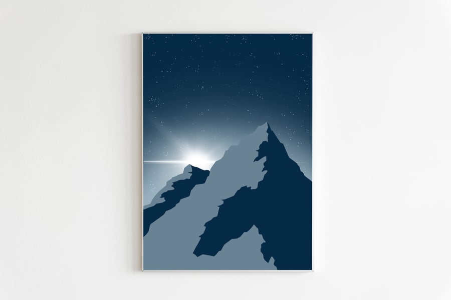 Mountain Landscape, Celestial Print, Starry Night Sky
