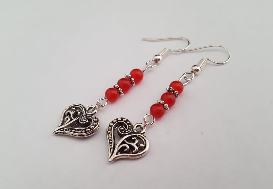Red jade and silver filigree heart earrings