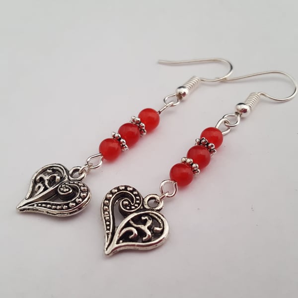 Red jade and silver filigree heart earrings
