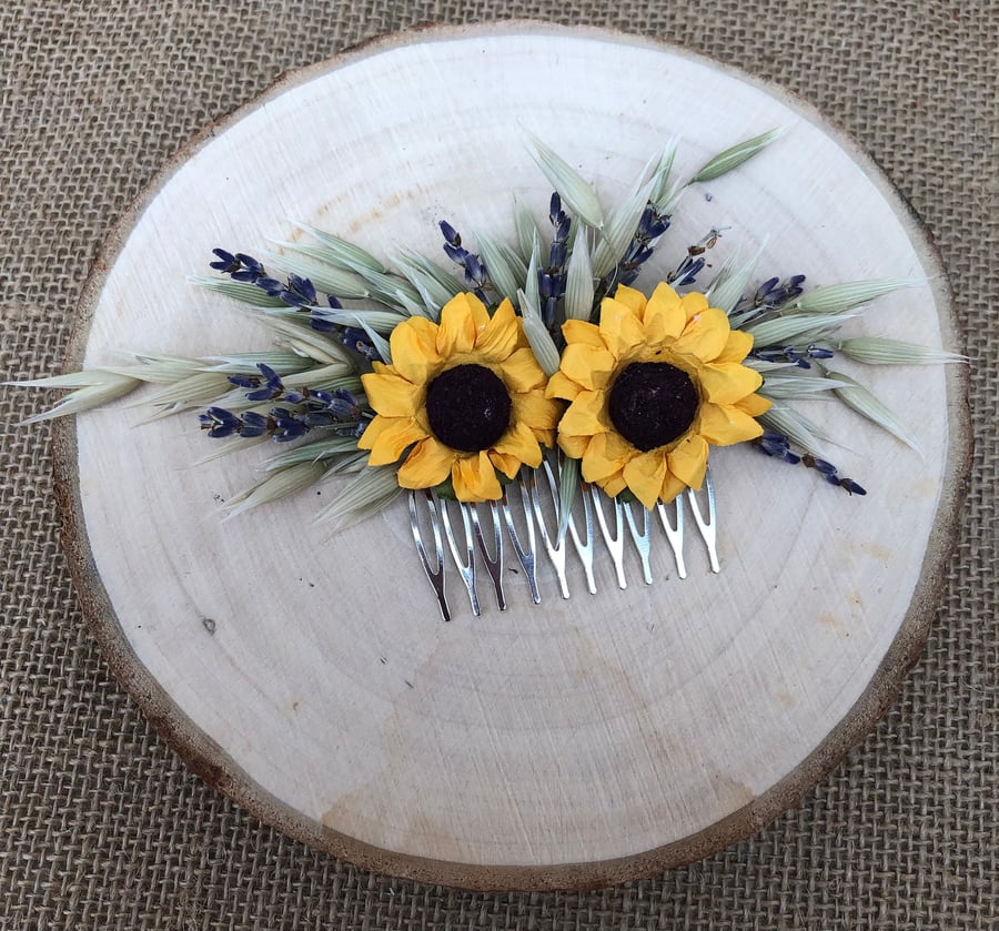 Sunflower dried flower hair comb 