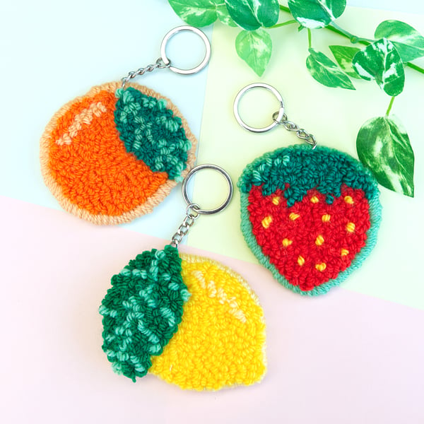 Cute Fruit Strawberry, Orange and Lemon Punch Needle Tufted Keyrings