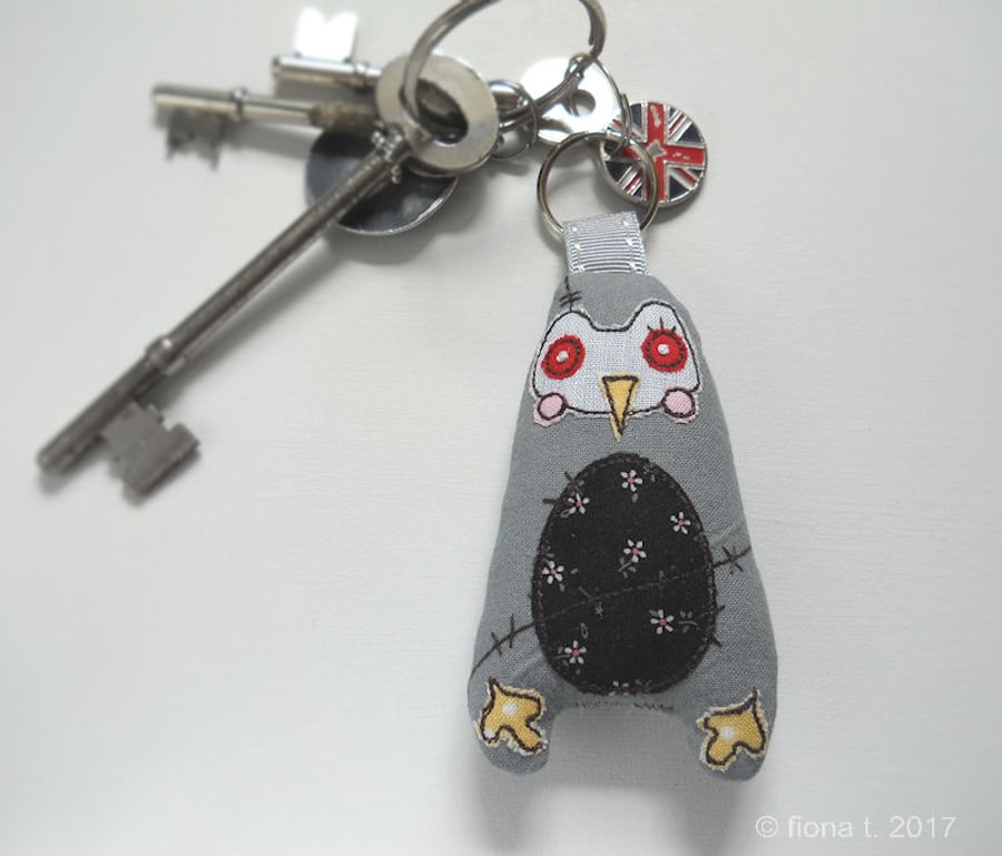 freehand embroidered fabric keyring - zombie penguin