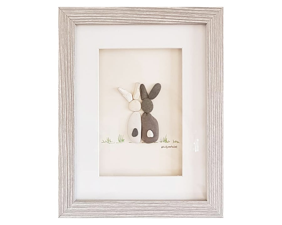 Black & White Bunnies - Pebble Picture - Framed Unique Handmade Art