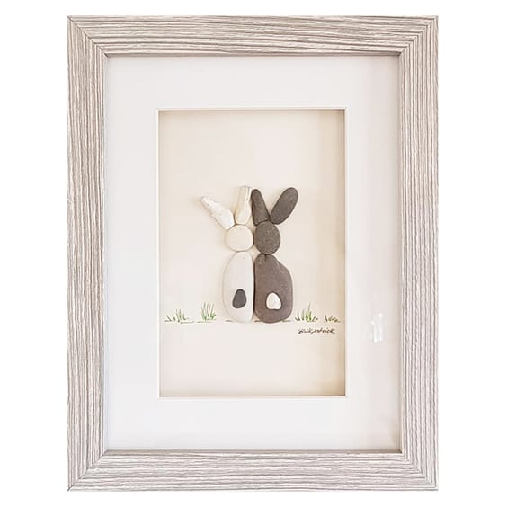 Black & White Bunnies - Pebble Picture - Framed Unique Handmade Art