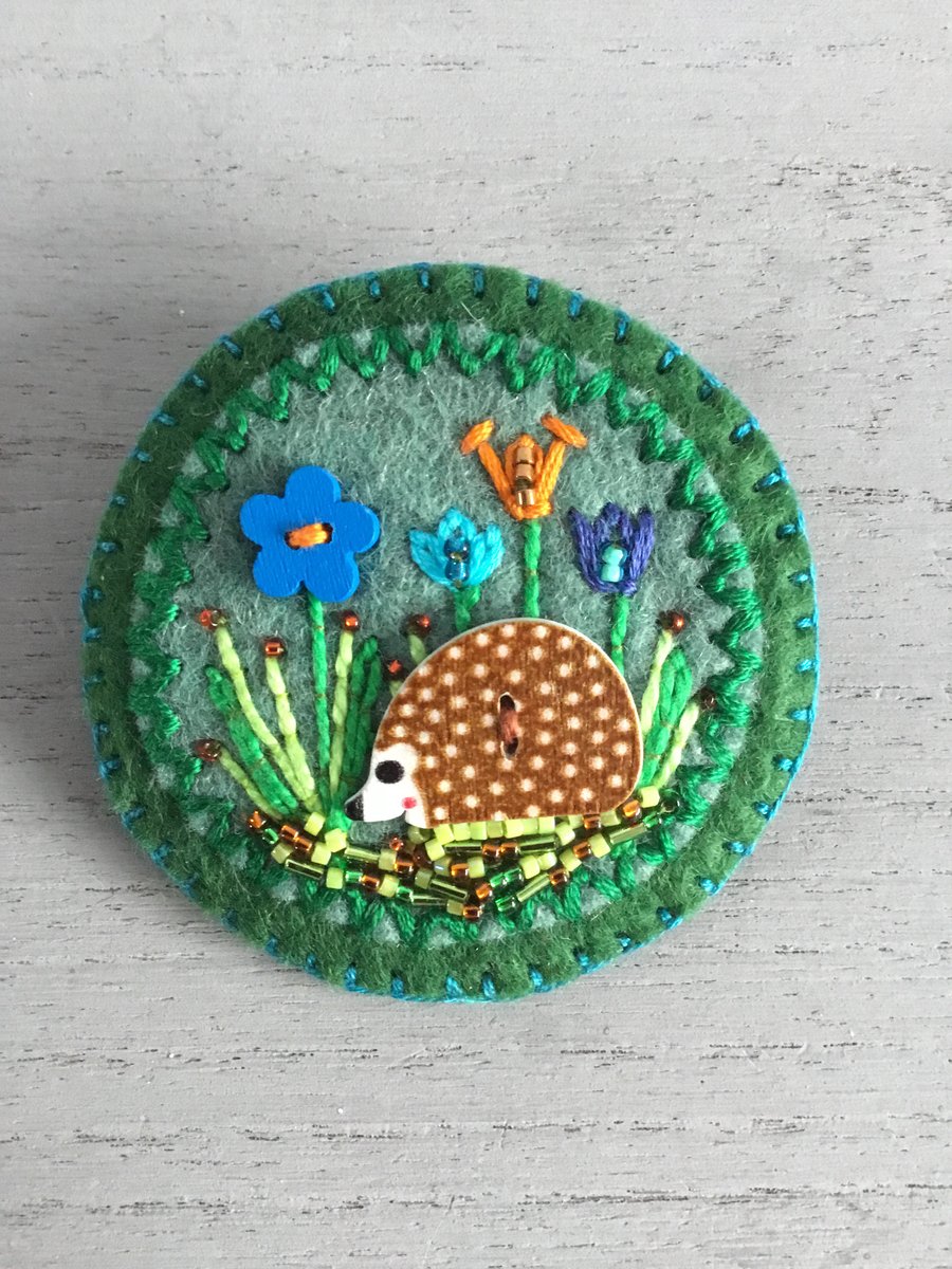 Hand Embroidered Hedgerow Hedgehog Brooch