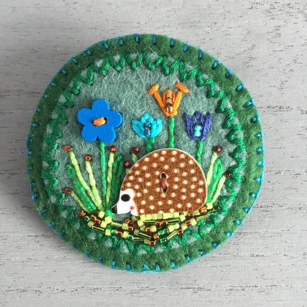 Hand Embroidered Hedgerow Hedgehog Brooch