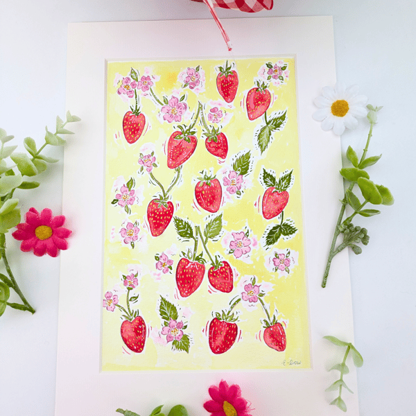 Strawberry hand-painted original A4 mounted watercolour painting 