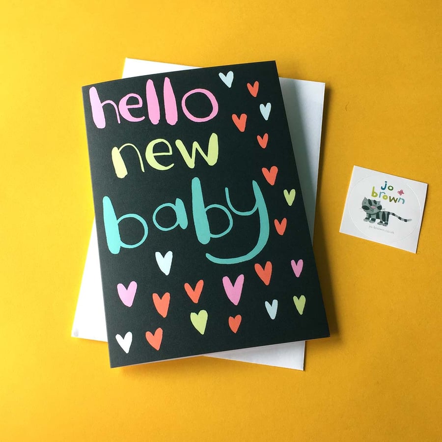 New Baby card in stylish black with coloured hearts -not pink or blue!