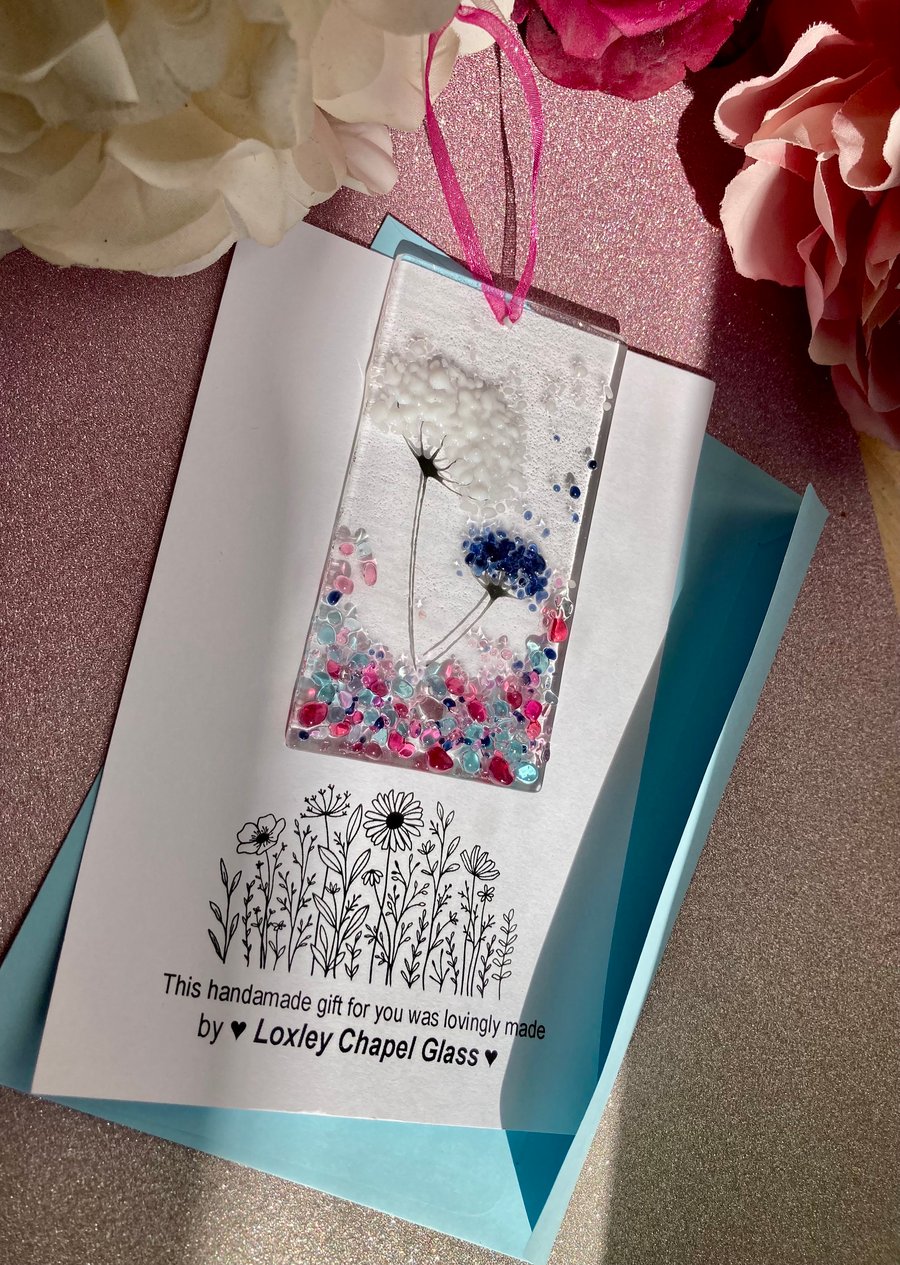 Little whimsical 3 Fused glass white & midnight blue Jewels Flowers Sun catcher