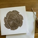 Dormouse lino print card, a hand printed linocut greetings card