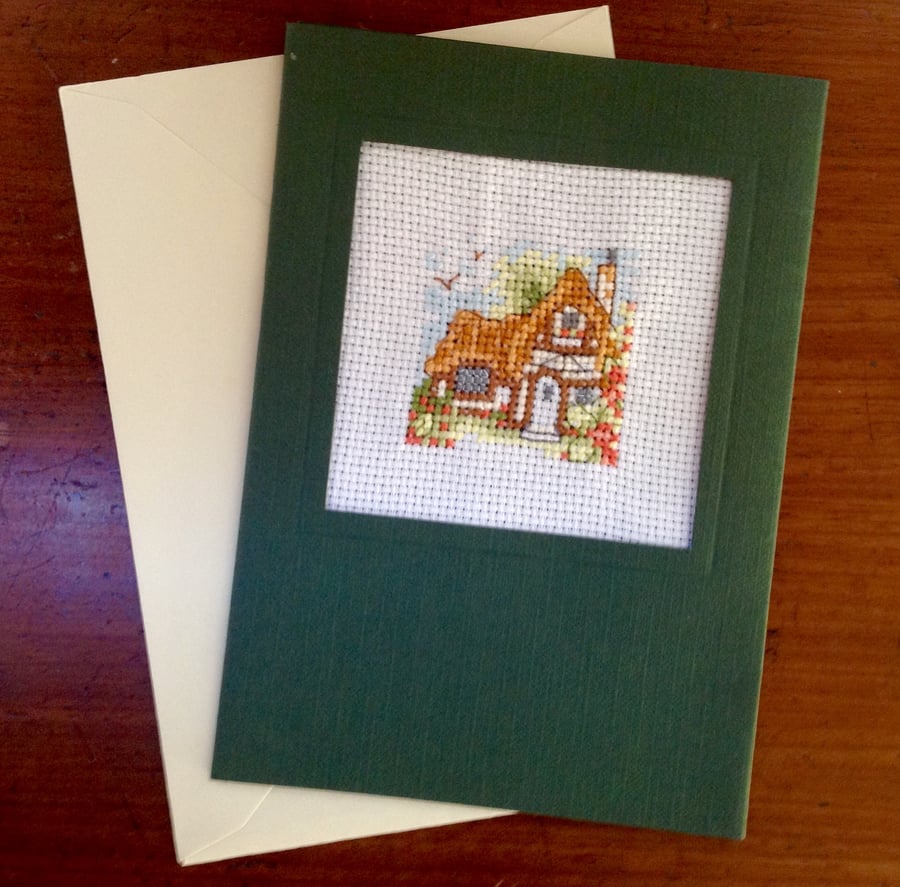 Handmade house warming  new home cross stitch card of a cottage