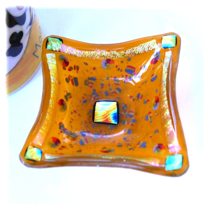 Dichroic Fused Glass Trinket Dish 9cm Golden Yellow Rainbow decorations