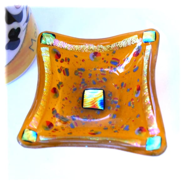 Dichroic Fused Glass Trinket Dish 9cm Golden Yellow Rainbow decorations