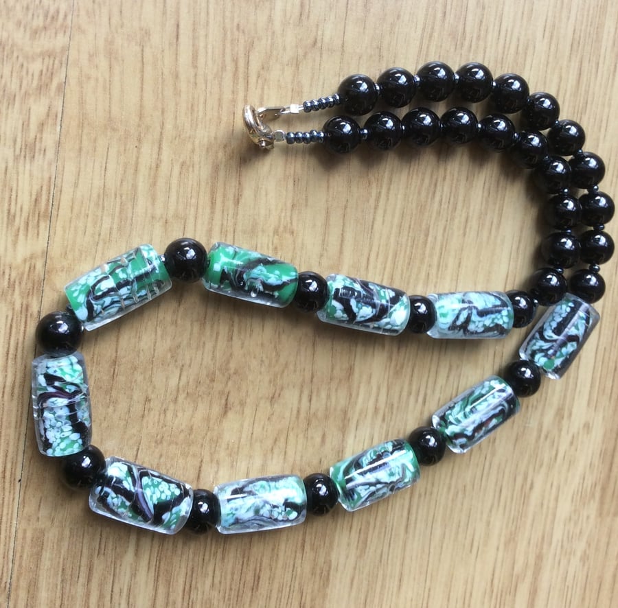 Handmade Glass Bead Black and Green Necklace