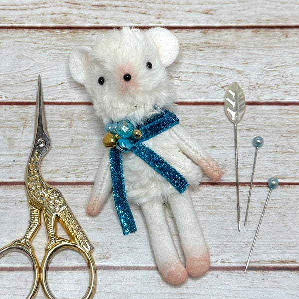 Christmas Mouse Tiny Art Doll Blue