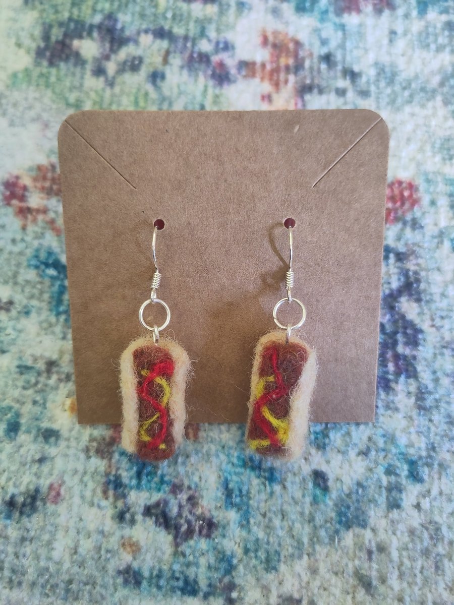 Needle-felted hotdog earrings