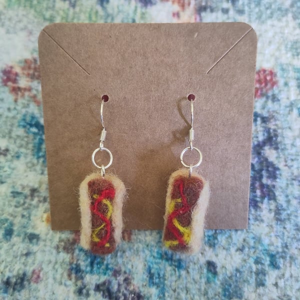 Needle-felted hotdog earrings