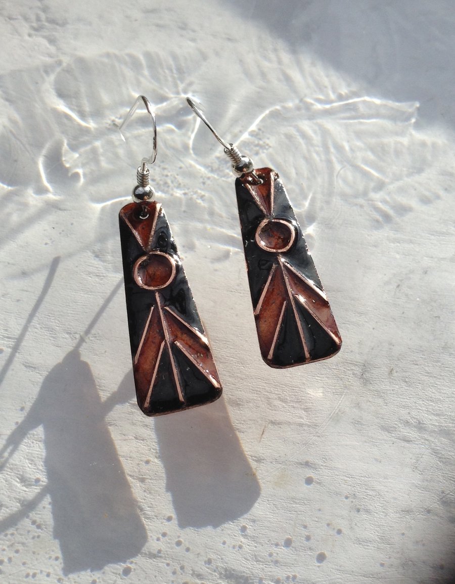 Enamelled copper earrings with sterling hooks - Tribal design