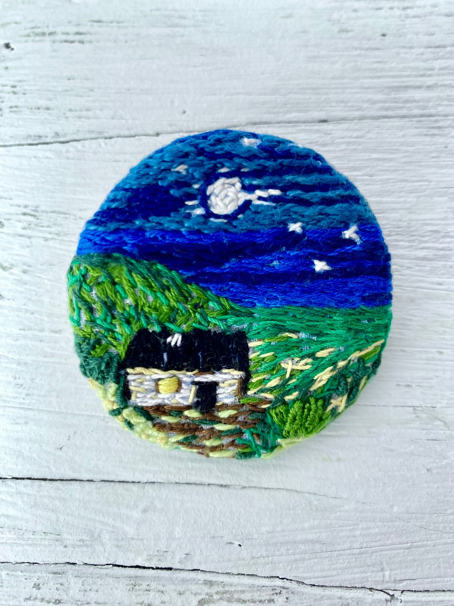 Circular Hand embroidered Mini Landscape Brooch