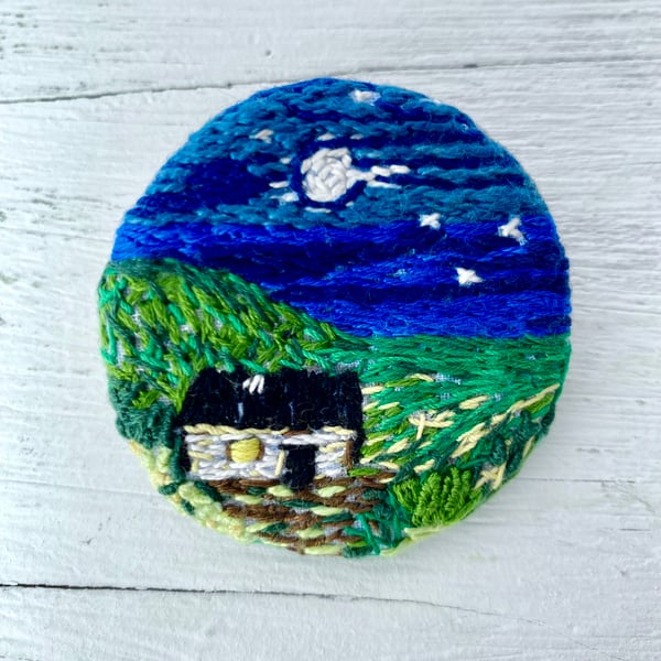 Circular Hand embroidered Mini Landscape Brooch