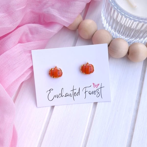 Mini Golden Flake Pumpkin Stud Earrings, Autumn Jewellery, Acessories & Gifts