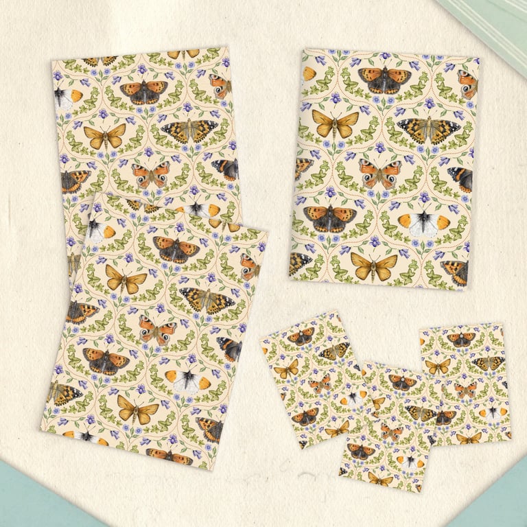 Ogee Butterfly Flower Stationery Set - Handmade Notebook, Cards & Gift Tags