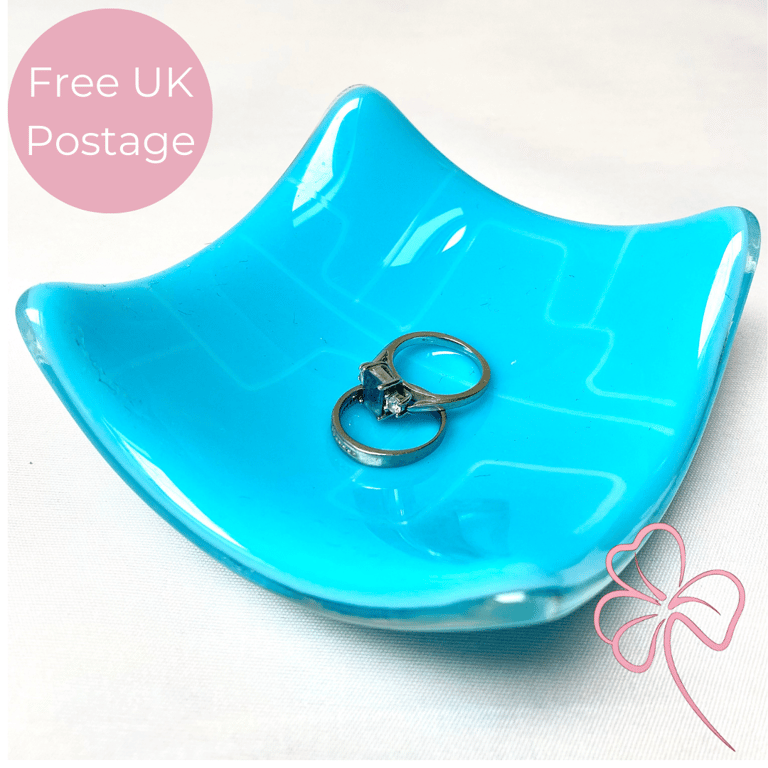 Patterned Cyan Blue and White Glass Trinket Dish