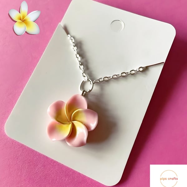 Light Pink Frangipani Flower Pendant Necklace 18 Inch Chain - Flower Jewellery