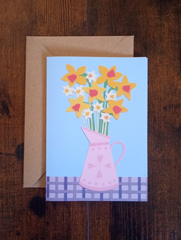 Print of papercut daffodils in jug - Greeting Card - Eco-friendly 