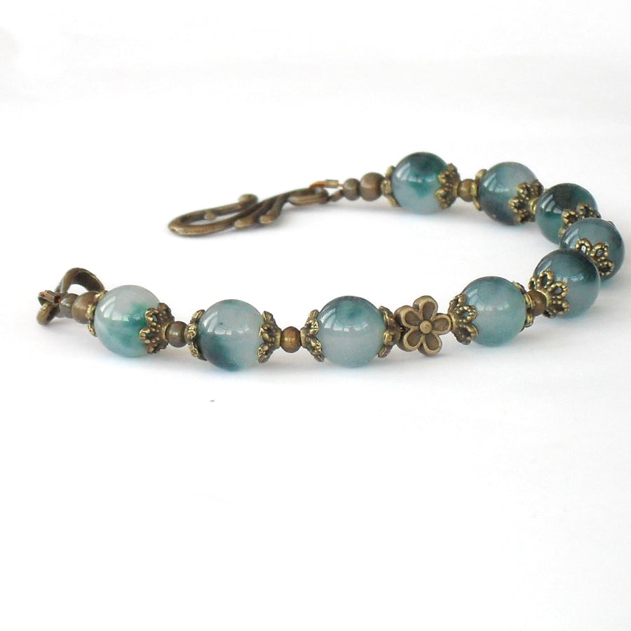 Teal green jade and bronze handmade bracelet