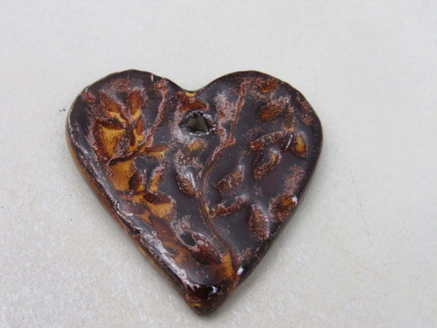 Medium Dark Copper Leaf Texture Heart Shaped Ceramic Pendant