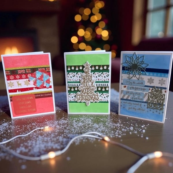 Set of 3 Handmade Washi Tape Christmas Cards – Assorted Colours & Designs