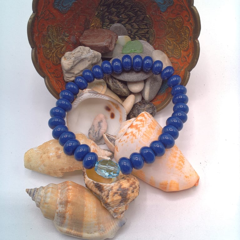 Cobalt Blue Rondelle Beads & A Pale Blue Crystal Stretch Bracelet, Gift for Her