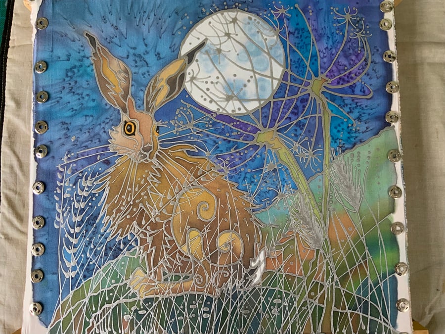 A painting of a Mystic Moon Hare. Original Hand Painted On Silk.Samhain Hare