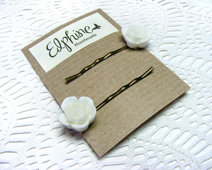Pair of Bobby Pins with White Flower Cabochons