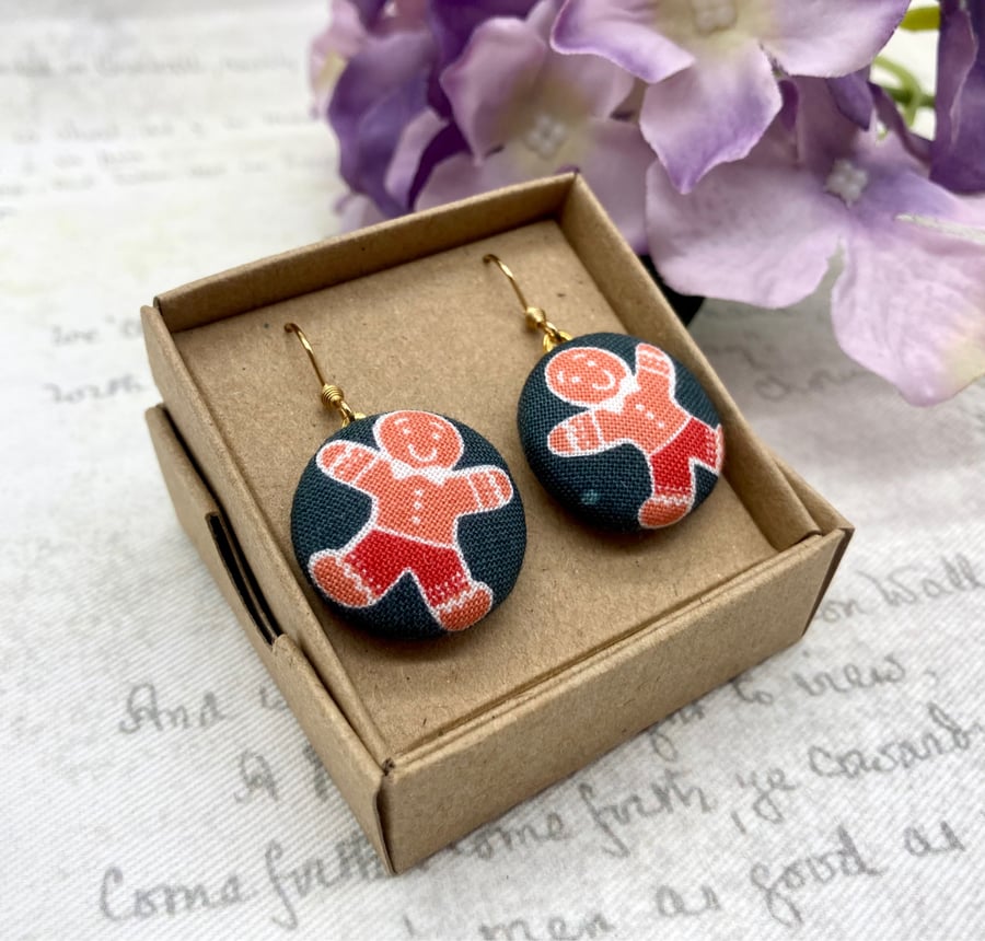 Gingerbread fabric button earrings christmas gifts festive jewellery