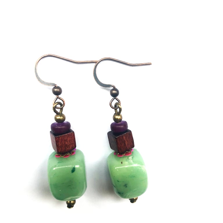 Boho Style Green Square Bead Brown Wood Purple Dangle Drop Up-cycled Earrings