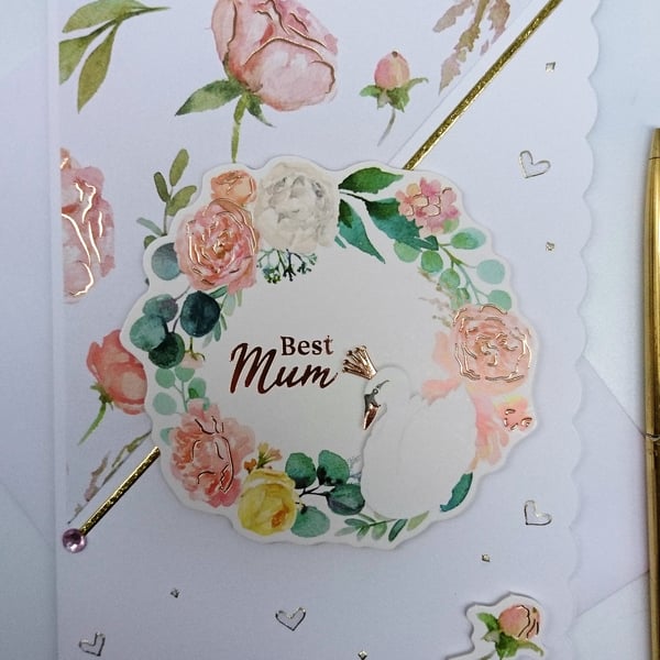 Special Card for "Best Mum" with Foiled Pink Roses,Regal Swan and Gold Hearts.