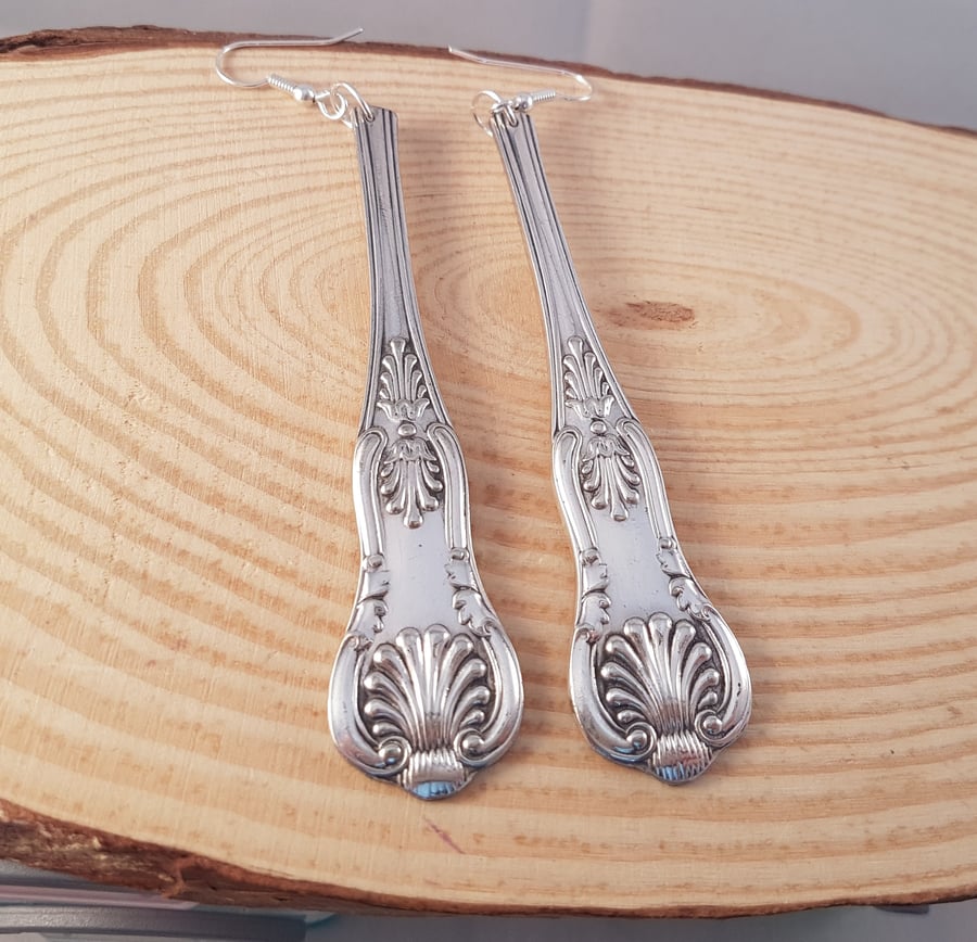 Upcycled Silver Plated Long Kings Pattern Sugar Tong Dangle Earrings SPE041705
