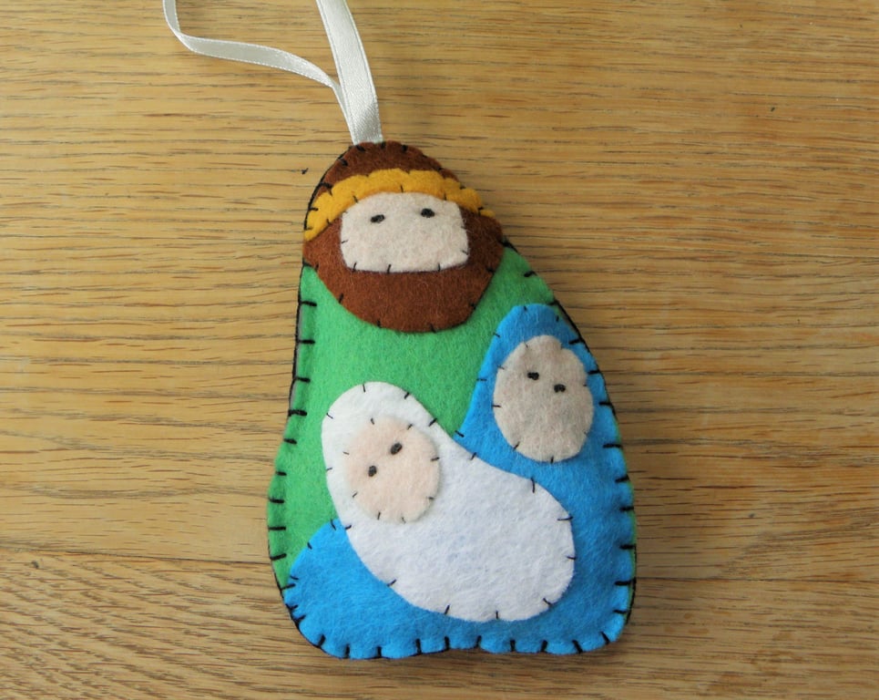 Jesus, Mary & Joseph Handmade Felt Christmas Tree Decoration Nativity scene 
