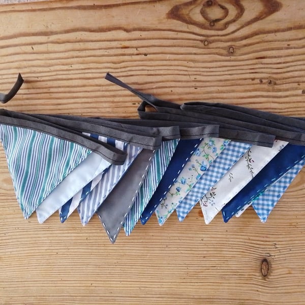 Handmade mini bunting in a blue theme.